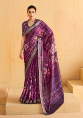 Velvet Maroon Tussar Silk Floral Print Saree